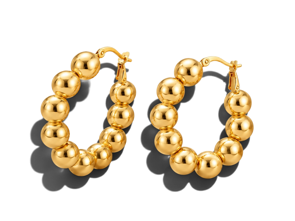 OVAL BEADED Gold Hoops